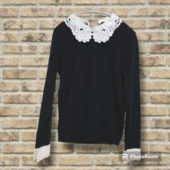 黒ニットセーター 襟 レース ホワイト 厚手 韓国 レディース