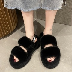 ファーサンダル レディース  ストラップ　厚底　もこもこ　サンダル ブラックの画像