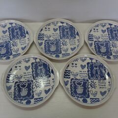 ★銘あり　耳付き　染付　プレート　フォーク　5客セット　丸皿　クマ　ベア　鳥　チューリップ　カトラリー　洋食器　元箱の画像
