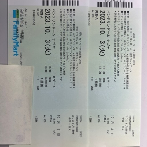 １０月３日　ドラゴンズvs巨人　引退イベントあり　一塁側内野席A 連番２席