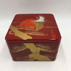 【 重箱 二段重 】 松と鶴 金彩 漆器/漆芸/漆塗り 朱色/赤...