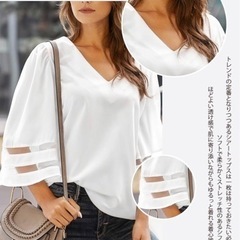 【新品】上質 Tシャツ レディース 7分袖 トップス vネック メッシュ チュール シアー 切り替え 透け感 薄手 ニッチ 万能アイテム ファッション シャツ 大人 柔らかい 涼しい 学生 大人 春 夏 秋 デート お出かけ 通勤の画像