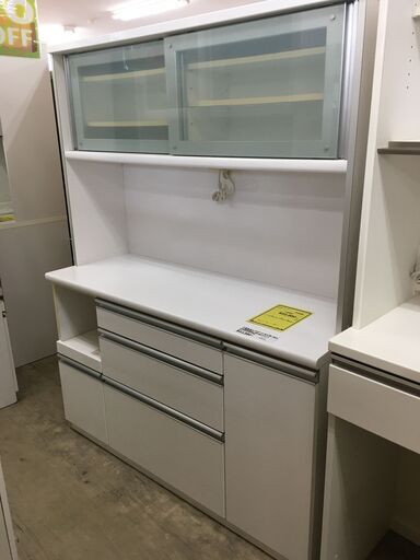 古賀家具 キッチンボード ジュピター140 高さ180cm 幅140cm 2枚扉レンジボード 食器棚 カップボード スロークローズ 作業台  家具 インテリア 家具 ホワイト 収納用品 多目的収納 食器棚 おしゃれ クリーニング済 堺市【ジャングルジャングル石津店】