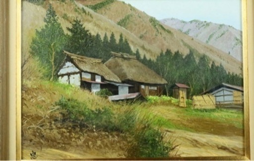 絵画　油絵　佐藤忠彦「山かげの民家」油彩F4号 真作保証 長野県大町市風景