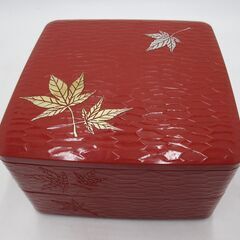 【 重箱　2段 】 赤 朱色 漆器　紅葉 昭和レトロ 縦11.5...