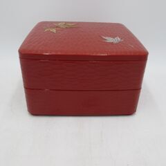 【 重箱　2段 】 赤 朱色 漆器　紅葉 昭和レトロ 縦11.5cm 横19cm 奥行19.5cm PayPay支払いOK！の画像