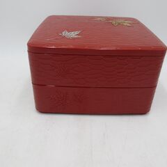【 重箱　2段 】 赤 朱色 漆器　紅葉 昭和レトロ 縦11.5cm 横19cm 奥行19.5cm PayPay支払いOK！の画像
