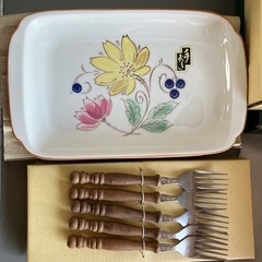 【オールドノリタケ？】昭和レトロ花柄洋角皿セット　フォーク付属の画像