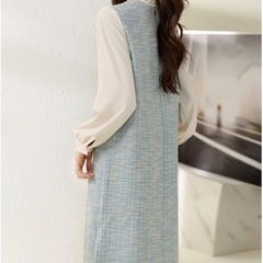 【新品】キレイめワンピース 長袖 切り替え ツイード 膝丈 シフォン レディース 春夏秋 ゆったり 細身 ワンピース 着やせ Aライン オトナ 華やか 上品 エレガント フォーマル パーティー 二次会 通勤の画像