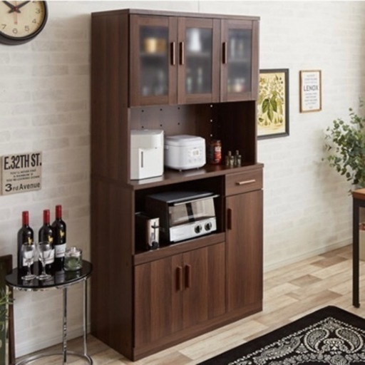 【美品‼️】株式会社イーナ 90cm幅キッチンボード 食器棚 収納家具 木目調ブラウン♪