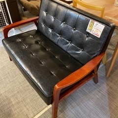 配達可【ソファ/2人掛け/ブラック/フェイクレザー】クリーニング済み