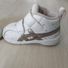 箱付き アシックス 靴 子供 13.5センチ asics スニーカー ベビー 13.5cm 白 ホワイト ゴールド 星の画像