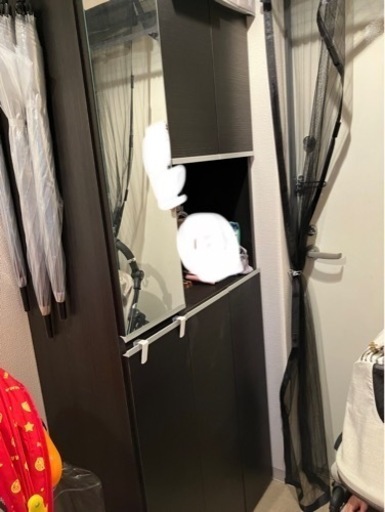 早い者勝ち美品靴箱　ダークブラウン★ミラー付きシューズボックス　小物置き棚付き　脚取り外し可能