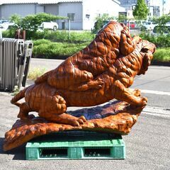 ≪zyt1164ジ≫ 双虎 咆哮 木彫り 大型 全長約1.9M 寅/干支/とら/トラ/タイガー/つがい/彫刻/置物/木製/咆吼 現状品 50903-04の画像