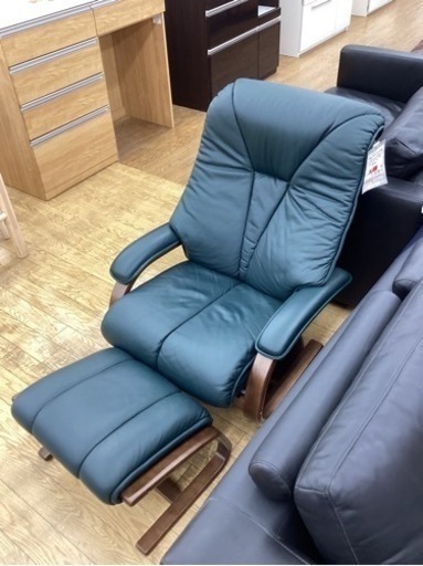 KJ-19【新入荷　リサイクル品】富士ファニチャ　本革　オットマン　リクライニングチェア　緑