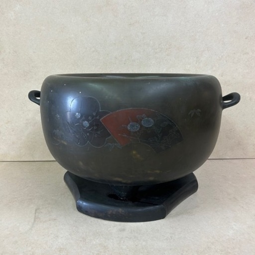 k1014501 希少品 大火鉢 伝統工芸 金属工芸　古銅 銅器 装飾品 桜柄 扇子柄 家具 瓶掛 アンティーク ヴィンテージ 年代物 現状品 中古品