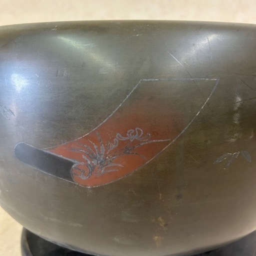 k1014501 希少品 大火鉢 伝統工芸 金属工芸　古銅 銅器 装飾品 桜柄 扇子柄 家具 瓶掛 アンティーク ヴィンテージ 年代物 現状品 中古品