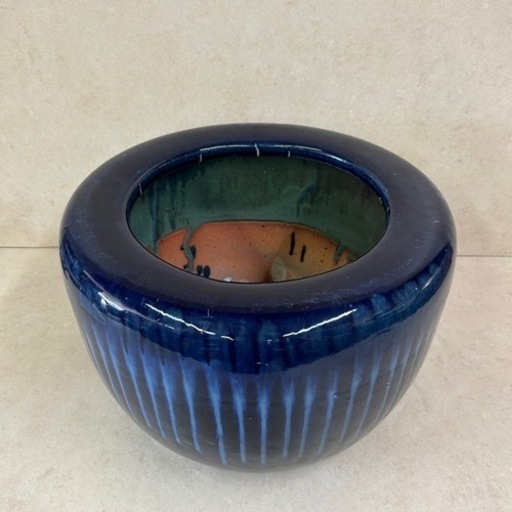 k1014502 希少品 大火鉢 伝統工芸 金魚鉢 メダカ鉢 青海鼠 青色白線 陶器 装飾品 瓶掛 アンティーク ヴィンテージ 年代物 現状品 中古品