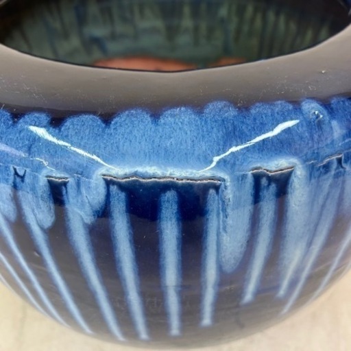 k1014502 希少品 大火鉢 伝統工芸 金魚鉢 メダカ鉢 青海鼠 青色白線 陶器 装飾品 瓶掛 アンティーク ヴィンテージ 年代物 現状品 中古品