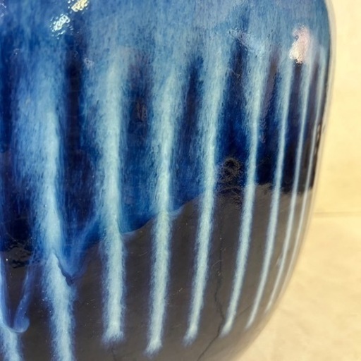 k1014502 希少品 大火鉢 伝統工芸 金魚鉢 メダカ鉢 青海鼠 青色白線 陶器 装飾品 瓶掛 アンティーク ヴィンテージ 年代物 現状品 中古品