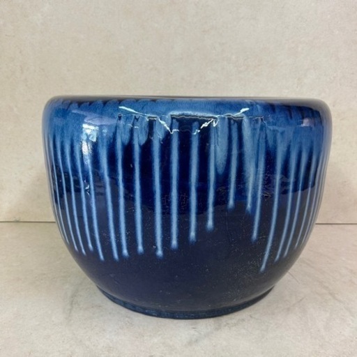 k1014502 希少品 大火鉢 伝統工芸 金魚鉢 メダカ鉢 青海鼠 青色白線 陶器 装飾品 瓶掛 アンティーク ヴィンテージ 年代物 現状品 中古品