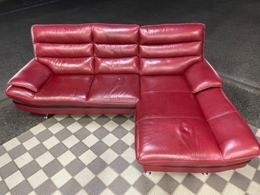 【美品】NITORI ニトリ カウチソファ 3人掛け L字ソファ ロゾ4 レッド/ブラック 赤/黒 コーナーソファ 三人掛け 本革 合皮