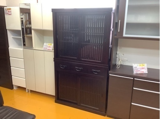 【リサイクルサービス八光】幅100cm　和モダン　水屋箪笥　格子茶箪笥　アンティーク