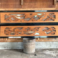 彫刻長欄間 鶴と松の木工細工 昭和レトロの建具 2枚セットの画像