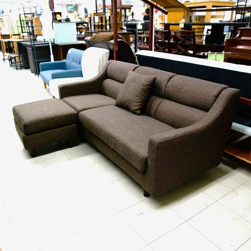 三人掛けソファー　オットマン付き　ブラウン　リユース品