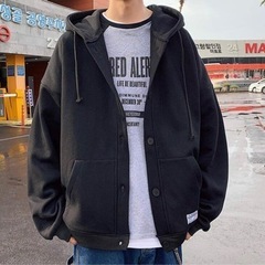 【新品】スタイリッシュ パーカー メンズ フード付き コート ボタン 無地 トップス 長袖 秋服 おしゃれ アウター カジュアル ゆったり スウェット ジャケット 大きいサイズXLの画像