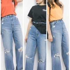 AZUL by moussy ハイウエスト ワイド デニム パンツw26アズールの画像