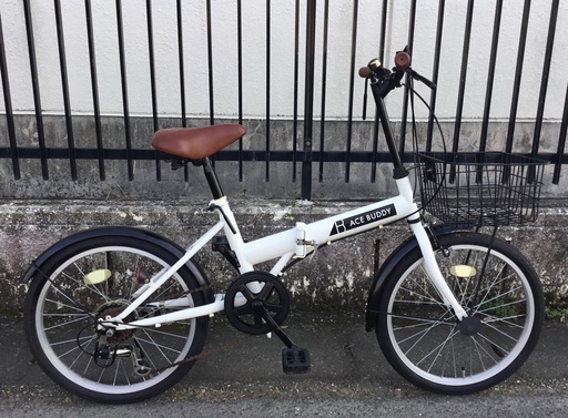 ＜動作・美品車＞ACE BUDDY・20インチ・折りたたみ自転車・ シマノ6段変速 ホワイト カゴ付き・お掃除済ですぐ乗れます♪