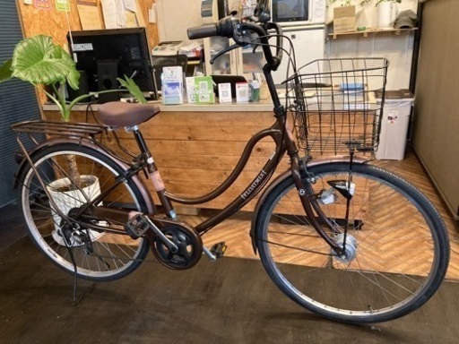 【前後タイヤ新品！】LEDオートライト　6段変速　26インチ自転車　ブラウン