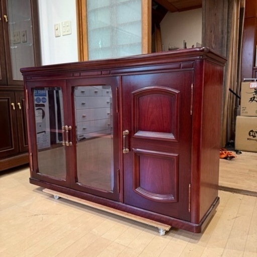 北海道民芸調家具 キャビネット 幅120×奥37.5×高180cm 書棚 食器棚 3枚