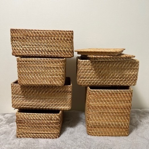 無印良品　重なるラタン長方形バスケット・小6ケ特大1ケ