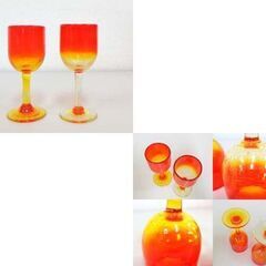 琉球ガラス オレンジ系 デキャンタ グラス 4客セット 水差し ピッチャー ワイングラス 色ガラス ヒビ割れ模様 札幌市 屯田店の画像