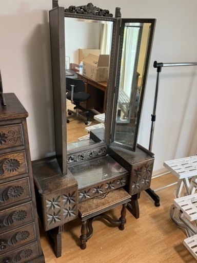 アンティーク　鏡台　ドレッサー　三面鏡　椅子つき