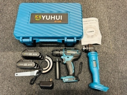 21V充電式電動グラインダーインパクトレンチ 電気ドリル 2点セット　電動工具 正反転切替 バッテリー2個付き
