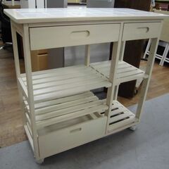 R321 天然木 キッチンワゴン ホワイト 85 タイルトップ天...
