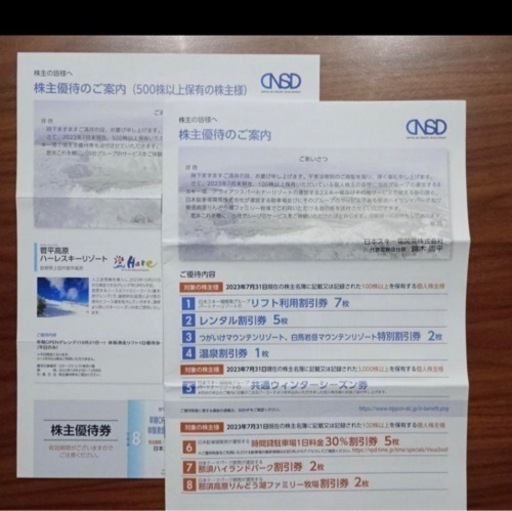 日本スキー場開発株主優待(100株と500株の一式)