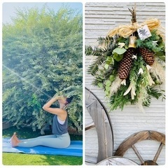 青空ヨガとクリスマススワッグ作りの画像