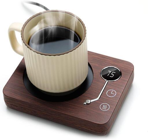 Kyerlish カップウォーマー コーヒー保温コースター マグカップウォーマー ドリンクウォーマー 3段温度設定55℃ 65℃ 75℃ 重力センサー付き 静音 自動電源オフ コップ保温 水/お茶/コーヒー/牛乳など飲み物 加熱コースター オフィス/家庭用 友達/家族へのプレゼント PSE安全認証済み AC100V/30W（木目-75℃ 50/60Hz全国対応）