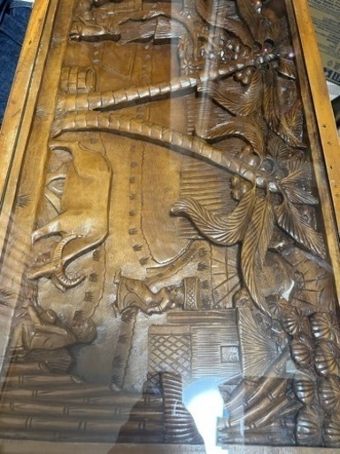 木彫り　テーブル　ガラス　アンティーク レトロ