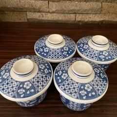 ③【 茶碗蒸し 茶碗 4客セット 】 青 ブルー   梅柄  梅の花の画像