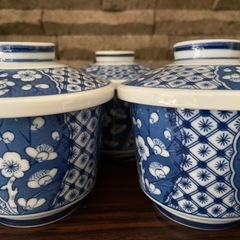 ③【 茶碗蒸し 茶碗 4客セット 】 青 ブルー   梅柄  梅の花の画像