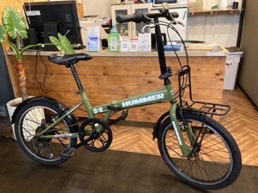【前後タイヤ・チューブ新品！HUMMER 】20インチ折りたたみ自転車　7段変速　マットモスグリーン