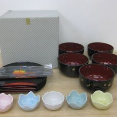 未使用品 鹿野漆器 半月トレー会席セット 蝶 5客セット 丼 小...