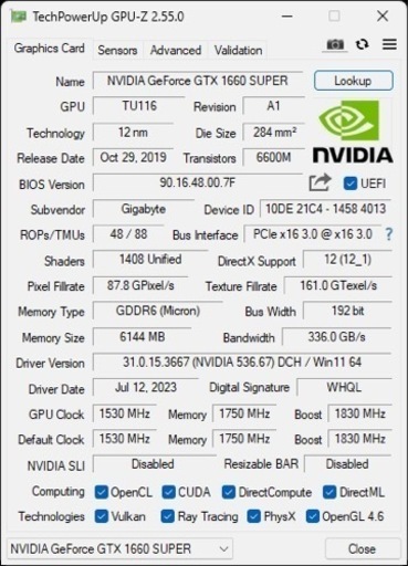 パソコン GIGABYTE GTX1660super