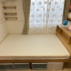 宮棚付き　ダブルベッド　美品　コイルマットレス、高反発マットレスセット