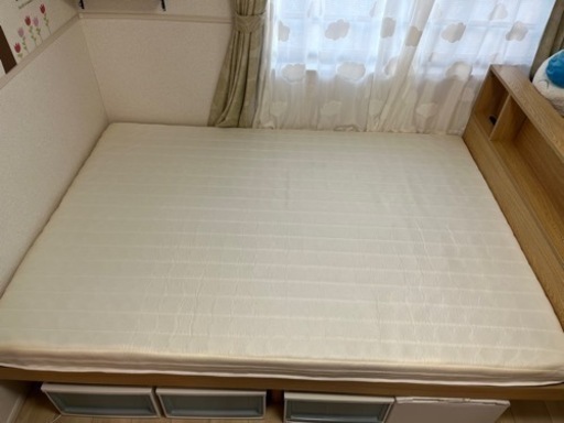 【受け渡し者決定しました】宮棚付き　ダブルベッド　美品　コイルマットレス、高反発マットレスセット